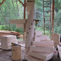 The treads being fitted | Log Spiral Stairs | Handcrafted Wood LLC