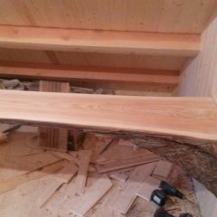Custom flared log desk | Timber Frame Garage | Handcrafted Wood LLC