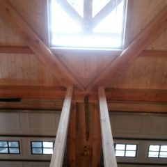 View from the loft office windows to the front of garage | Timber Frame Garage | Handcrafted Wood LLC