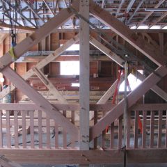 View through the trusses | Timber Frame Home | Handcrafted Wood LLC