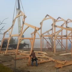 The rear bent is raised | Timber Frame Barn | Handcrafted Wood LLC