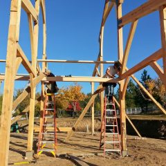 Installing the pre-crafted connecting girts | Timber Frame Barn | Handcrafted Wood LLC