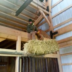 Hay hoist allows storage above stalls | Timber Frame Barn | Handcrafted Wood LLC