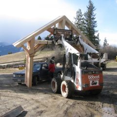 Moving the bents up to the foundation | Timber Frame Hot Tub Pavilion | Handcrafted Wood LLC