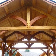 View of the three bents and tongue and groove ceiling | Timber Frame Hot Tub Pavilion | Handcrafted Wood LLC